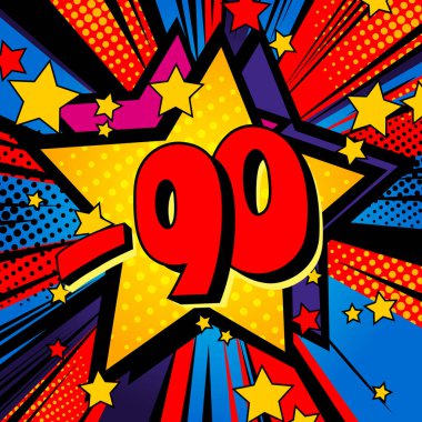 Satılık. -% 90. Işınlar ve yıldızlarla dolu canlı bir mizah geçmişi var. Vektör illüstrasyonu