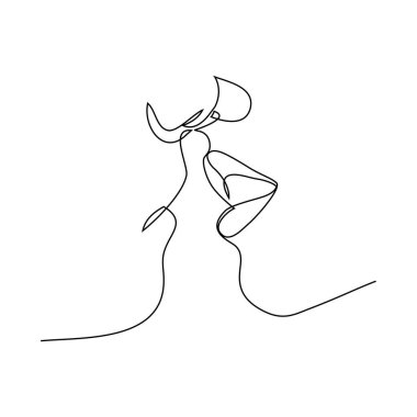 Dudaklar öpücükle. Birbirini seven çiftlerin soyut güzel portresi, sürekli çizgi çizimi, hızlı çizim, güzellik minimalisti, vektör çizimi