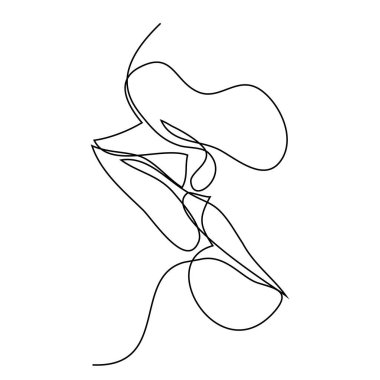 Dudaklar öpücükle. Birbirini seven çiftlerin soyut güzel portresi, sürekli çizgi çizimi, hızlı çizim, güzellik minimalisti, vektör çizimi