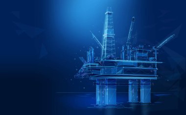 Offshore Rig, teknolojik olarak düşük polimerli. Petrol üretimi, yenilikçi teknolojiler. Çağdaş vektör resimlemesi çokgen kablo grafiği.