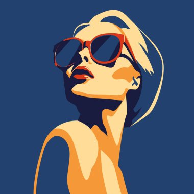 Modaya uygun bir kız. Güneş gözlüklü, soyut kadın portresi, çağdaş tasarım, beş renkli vektör çizimi olan güzel bir moda kadını.