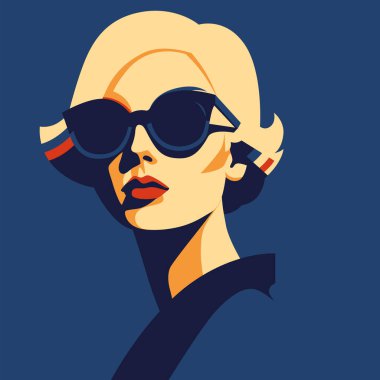 Modaya uygun bir kız. Güneş gözlüklü, soyut kadın portresi, çağdaş tasarım, beş renkli vektör çizimi olan güzel bir moda kadını.