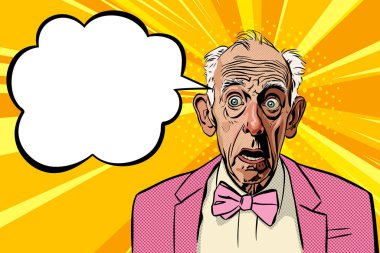 An old man in a pink jacket with a bow tie opens his mouth in amazement and widens his eyes, portrait with speech bubble drawing in comic pop art style, vector illustration clipart