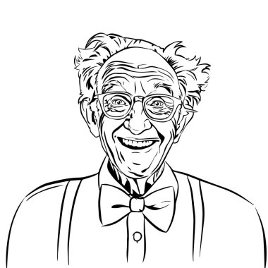 Old man wearing jacket with a bow tie and glasses happy smiling in amazement, comic pop art vector illustration, outline clipart