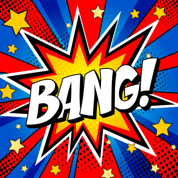 Inscription "bang" against comic background of bright explosion with stars and rays. Vector illustration