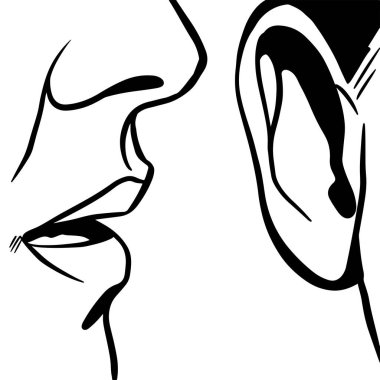 Lips and ear. Woman whispers secrets or gossip to man, detail, pop art comic vector illustration, outline coloring book clipart