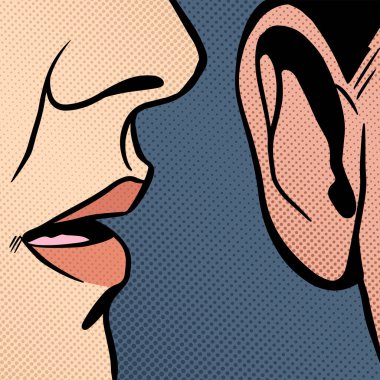 Lips and ear. Woman whispers secrets or gossip to man, detail, pop art comic vector illustration clipart