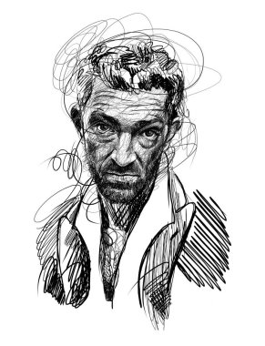 Vincent Cassel, ünlü Fransız aktör, karalama sanatı. Karalama, dijital çağdaş illüstrasyon