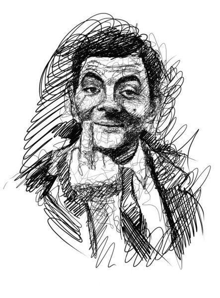 Комедиант мистер Бин показывает средний палец, рисунок каракулями. Скриншоты, цифровая современная иллюстрация