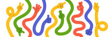 Comic flexible colorful long hands showing different gesture sings design elements in groovy hippie style. Various curved funky arm limbs weaving, stretching, twisting and pointing vector illustration clipart