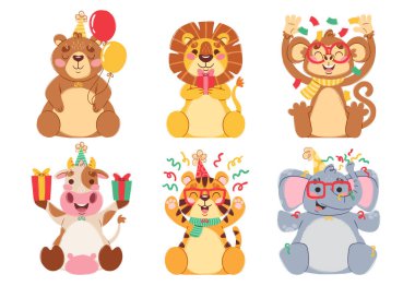 Happy birthday party playful funny animals cartoon characters set isolated on white background. Funny bear, lion, monkey, cow, tiger, elephant childish collection vibrant color vector illustration clipart