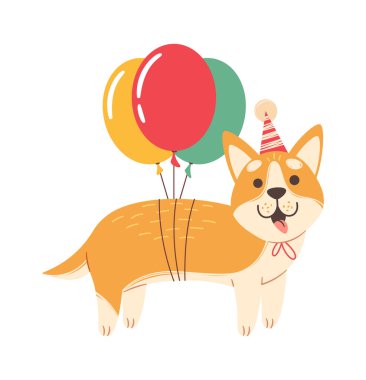 Şirin köpek yavrusu uçan balonlar hediye gibi.