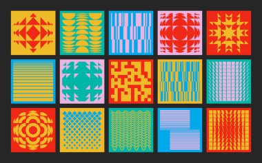 Farklı geometrik formlara ve izole edilmiş elementlere sahip renkli funky kare şekiller. Parlak soyut figürler kolajı, ilkel fayans blokları desen tasarım vektörü çizimi