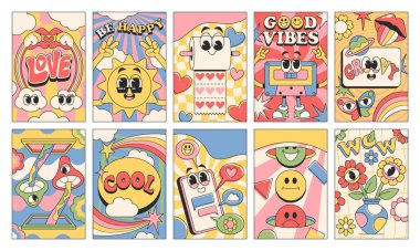 Eski moda pankartlar, komik karakterler, sevimli barışçıl harfler ve grafik süslemeler. Komik baskılar tasarım vektörü illüstrasyonlu modaya uygun renkli hippi kartpostalları.