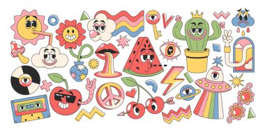 Son moda modaya uygun öğeler, hava maskotu, komik meyve karakterleri, dekoratif uzay nesnesi ve çiçekler, klasik müzik ikonları seti. Hippi tarzı, psikedelik eski moda baskı vektör çizimi