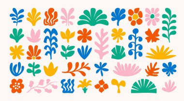 Soyut modern çiçek elementleri, çiçekler yapraklarla tomurcuklanır, çim çalısı sanat tasarımı. Renkli botanik nesneler, dekoratif bitkiler, moda düzenleme vektör illüstrasyonu