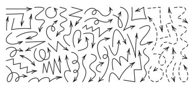 Farklı kıvrımlı, düz, zigzag ve bükülmüş şekillerin siyah ve noktalı ok izleri, karalama tarzı vektör çizimi. Gösterge, yön bulma, noktalama simgeleri beyaz üzerine izole edildi