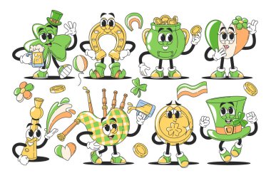 Saint Patrick day symbolic characters, traditional holiday mascot, festive elements. Cute clover leaf, horseshoe, gold coins keg barrel, flute pipe whistle, bagpipe, bowler hat vector illustration clipart