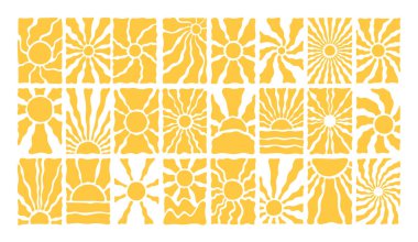 Canlı sarı renkli, dalgalı ışınlar, harika retro pankartlar, vektör illüstrasyonu. Soyut modaya uygun, güneşli, güneşli, güneşli bir yaz. Radyasyon güneşli, hippi tarzı posterler, tuhaf tasarım şablonları.