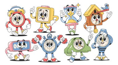 Modern elektronik ve klasik saat, kum saati, çalar saat, guguklu saat ve kronometre harika karakterler izole edilmiş emotikon seti. Çizgi roman zamanı sayacı Kawaii maskot vektör illüstrasyon karalama tasarımı