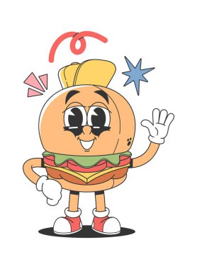 Retro burger karikatür karakteri canlandırılmış harika karalama