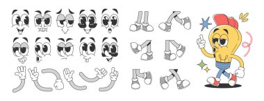 Süslü elektrik ampulü muhteşem çizgi film karakteri yapıcısı ayakları, kolları ve vücut parçaları vektör illüstrasyonuna bakıyor. Fikir elektrik lambası Kawaii emoji kişilik oluşturma kiti