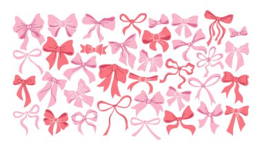 Klasik moda pembe fiyonklar ve kurdele düğümleri. Şirin romantik hediyeler ya da tebrik kartları tasarım elementleri, saç stili dekorasyon aksesuarları vektör illüstrasyonları. Şenlikli tekstil knot koleksiyonu