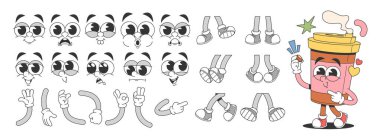 Paket kahve fincanı komik fast food içecek çizgi film karakteri çizimi. Beyaz arka planda izole edilmiş vücut parçaları ve karalama yüzleri ile retro moda içecek maskotu üreticisi