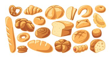 Taze organik ekmek, somun, baget, hamur işi, simit, kruvasan, çıtır kurabiye ve çörek, ciabatta, hamur vektör çiziminde sosis ile hazırlanmış fırın ürünleri. Buğday çorbası.