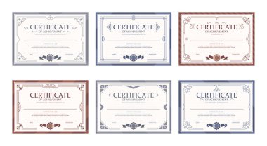 Ticari şirket retro tarzı şablon tasarım elemanı için başarı sertifikası izole edildi. Kağıt diploma, belge gururla sunulan süs arka plan vektör illüstrasyonu