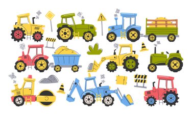 Farklı çiftlik traktörleri beyaz arka planda izole edilmiş tarımsal ağır makineler çocukça çizilmiş karalama seti modelleri. Tarım arazisi araçları, inşaat ve endüstriyel makine çizimi