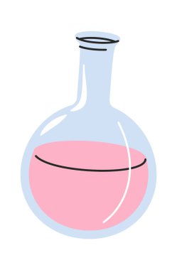 Yuvarlak alttaki kimyasal matara elle çizilmiş laboratuvar vitrinleri.