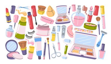 El yapımı cilt bakım malzemeleri, makyaj malzemeleri, parfümler ve tırnak cilası ile güzellik seti. Kadın trend stili vektör illüstrasyonu yapmak için çeşitli araçlar ve aksesuarlar