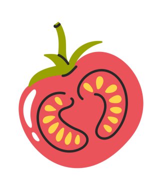 Yarım domates eli çizilmiş sebze çiftliği yiyeceği.