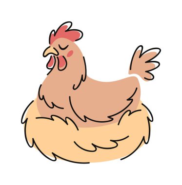 Yumurtlayan tavuk yuvanın içinde çizilmiş.