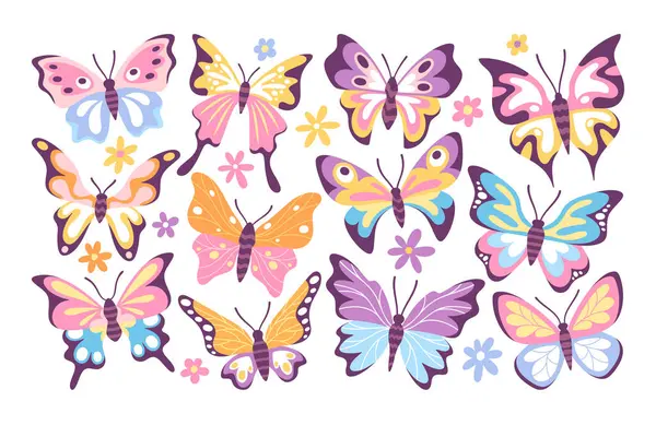 Bebek partisi için pastel renkte çiçek açan güzel kelebekler ya da doğum günü partisi davetiyeleri vektör çizimi. Uçan böcekler doğal türler sanat tasarımı dekorasyonu