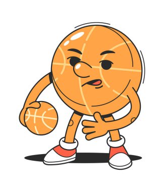 Heyecanlı basketbol karakteri top sürüyor.
