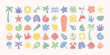 Yaz güneşli plaj tatili boho tasarım elementleri basit pastel renk tarzında izole edilmiş. Konulu tatil hafta sonları seyahat aksesuarları, doğa sembolleri vektör illüstrasyonlu soyut simgeler