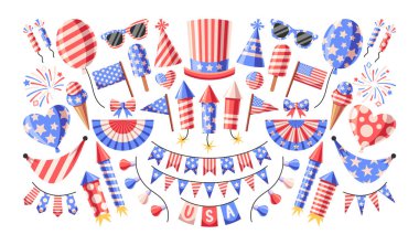 Amerikan çizgi film setinin bağımsızlık günü ulusal bayramı. Geleneksel festival malzemeleri, aksesuarlar, vatanseverlik nitelikleri, dekorasyonlar ve Amerikan sosyal etkinlik temsilciliği için varlıklar