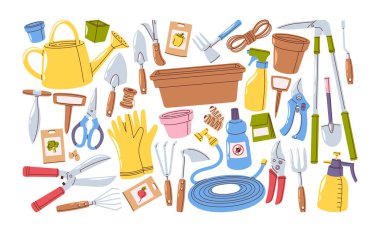 Bahçe aletleri ve çiftlik malzemeleri el yapımı tasarım elementleri beyaz arka planda izole edildi. Farklı enstrümanlar, tohum paketleri, sulama kutusu ve hortum, bir makas vektör illüstrasyonunu bağlar