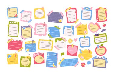 Not koleksiyonu için boş kopya alanı tasarımı olan farklı renkli kağıt yapışkan notlar. Eklenmiş not kağıdı sayfaları, çizgili hatırlatıcı sayfalar sevimli dekorasyon vektör illüstrasyonu