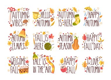 Sonbahar etiketleri vektör illüstrasyonunu ayarlar. El yazısıyla yazılmış selamlama metinleri, mevsimlik giysi aksesuarları ve hasat el yapımı dekoratif unsurlara dayanır. Sonbahar günü mutluluk titreşimleri mevsim renklerinde harfler