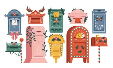 Geleneksel tebrik kartlarıyla süslenmiş Noel posta kutuları, Noel Baba için dilek listesi ve tatil vektör illüstrasyonlarıyla süslenmiş. Klasik festival posta kutusu koleksiyonu