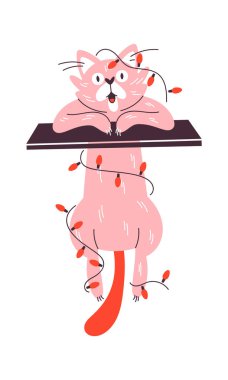 Yaramaz komik Noel kedisi çelenk ışıklarıyla oynuyor