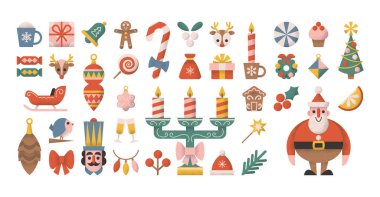 Mutlu Noeller kış tatili partisi geometrik geleneksel süsler, aksesuarlar ve özellikler seti. Şekerler, yiyecekler, hediyeler ve xmas ağacı mücevherleri, mum ve Noel Baba figürü resimleme