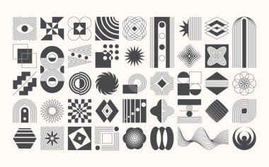 Estetik fütüristik yüzyılın ortalarındaki soyut minimum elementler ve izole figürler. Dalgalı çizgiler ve çizgiler, yuvarlak ve kare, monokrom renk çizimi düzensiz şekiller