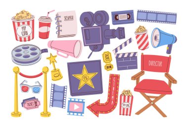 Renkli sinema unsurları çeşitli özellikler ve malzemelerle el çizimi. Vintage video kamera, yönetmen koltuğu, film, bilet, patlamış mısır, film gala sembolleri vektör illüstrasyonu