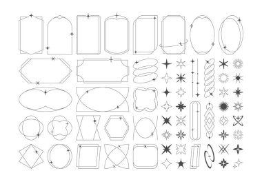 Yıldızlı, parıltılı ve yıldızlı dekoratif elementler koleksiyonu olan minimal siyah-beyaz çerçeveler. Süslü y2k kenarlıkları, modaya uygun estetik kozmik ayırıcılar, moda semboller vektör illüstrasyonu