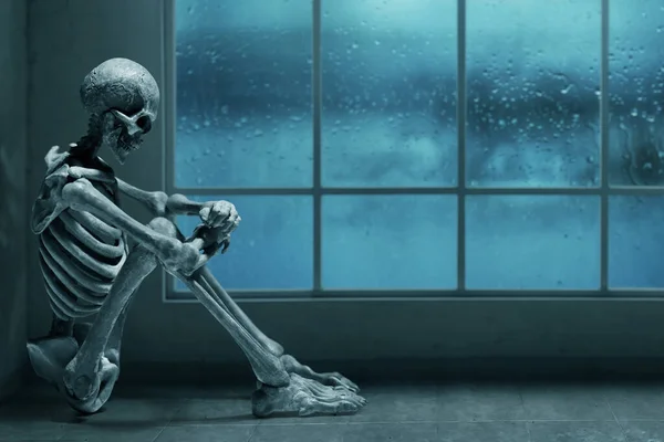 Muerte Esqueleto Humano Sentado Solo Casa —  Fotos de Stock