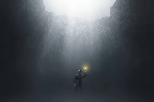 Business man in the cave 3d illustration